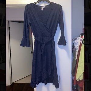Francesca’s dark blue striped wrap dress